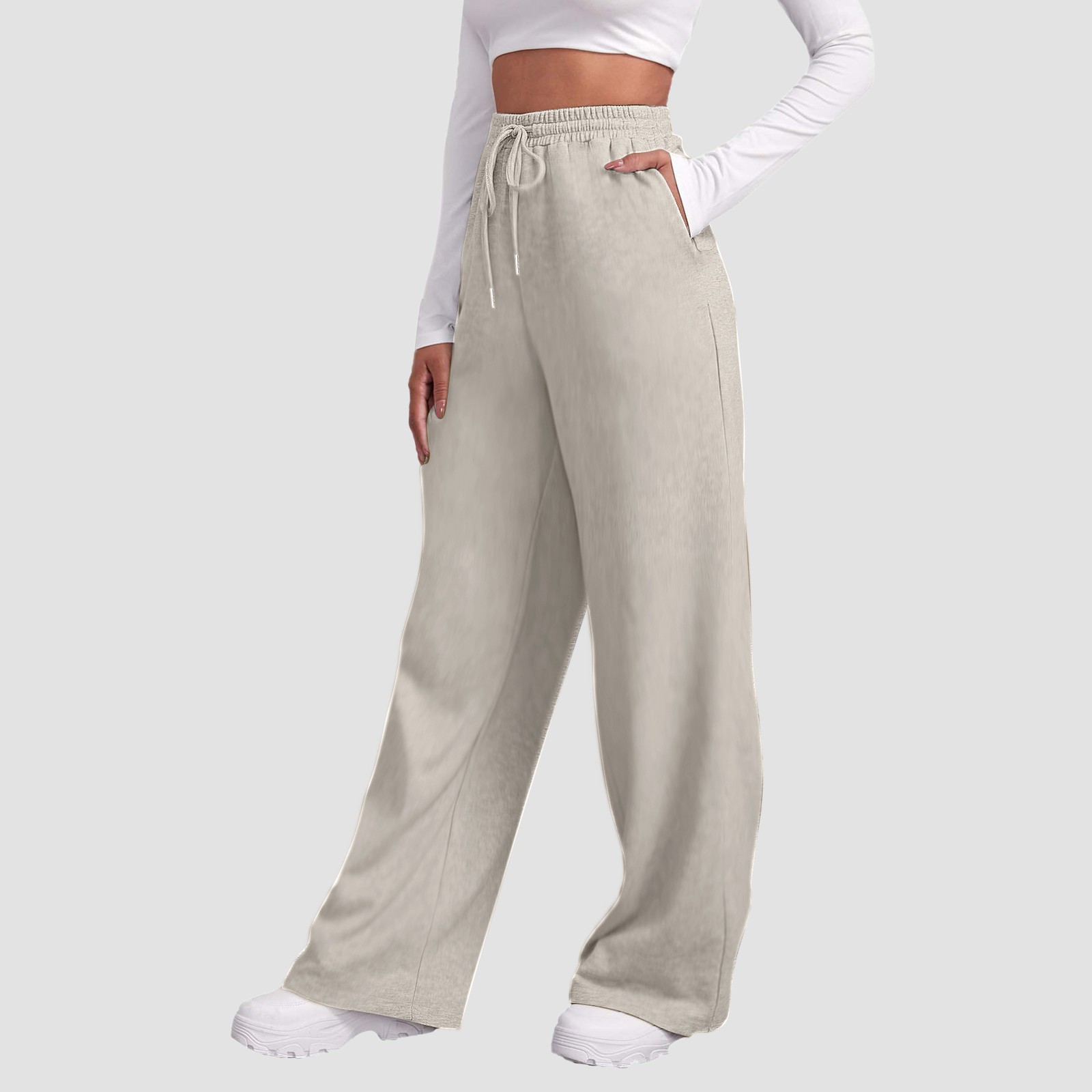 thumbnail image 3 of Pantalones de chándal de cintura alta para mujer - Forro polar, pierna ancha y recta - Poliéster ligero con bolsillos - Informal/deportivo/vacaciones - Tallas S-XXXL, 3 of 7